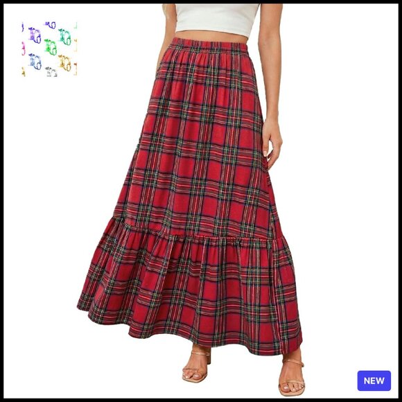 Plaid Ruffled Maxi Skirt High-Rise Waist Elegant A-Line Holiday Party Wear - Picture 1 of 8